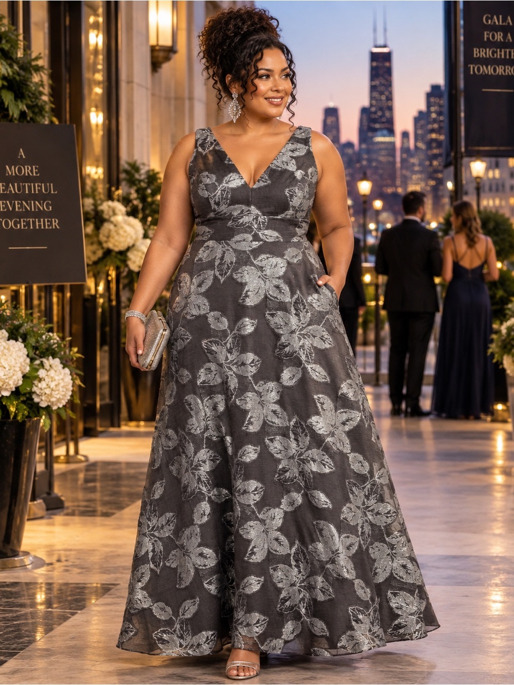 Eliza J NWT Metallic Jacquard Ballgown Silver Floral Evening Gown 18W